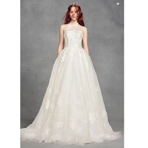 Vera Wang White Illusion Floral Wedding Dress, 0